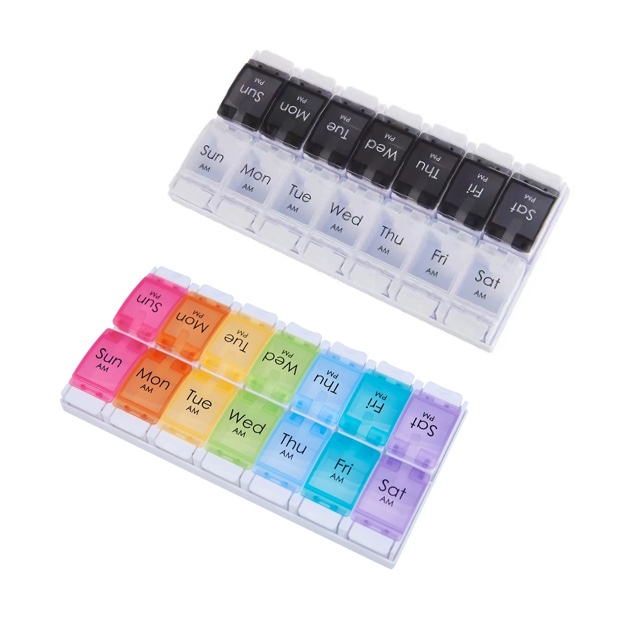 Portable pill box, travel pill box, 7-day pill box, weekly pill box