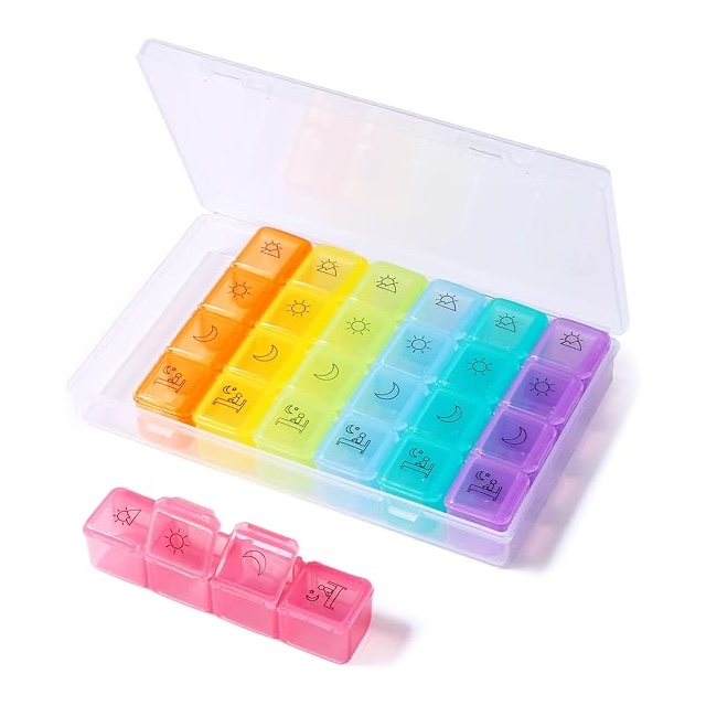 Portable pill box, travel pill box, 7-day pill box, weekly pill box