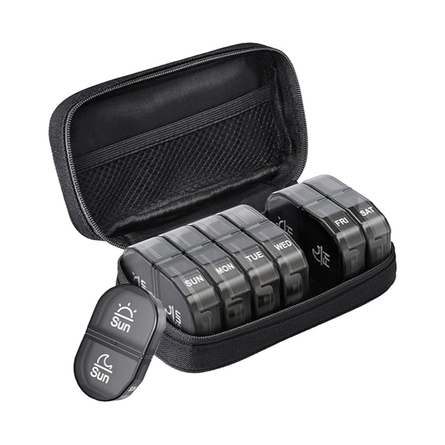 Portable pill box, travel pill box, 7-day pill box, weekly pill box