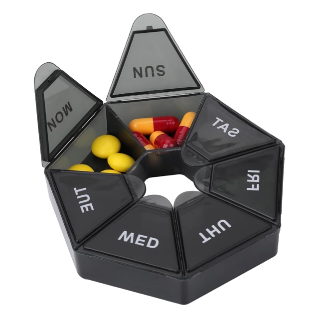 Portable pill box, travel pill box, 7-day pill box, weekly pill box