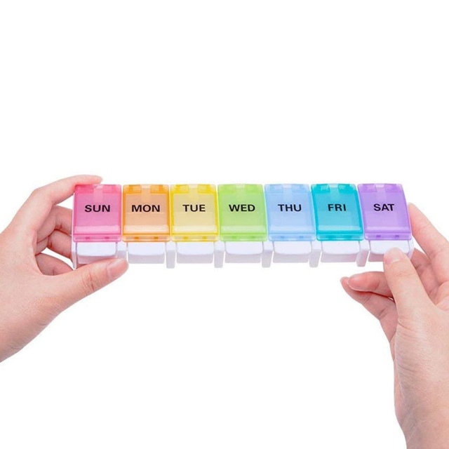 Portable pill box, travel pill box, 7-day pill box, weekly pill box