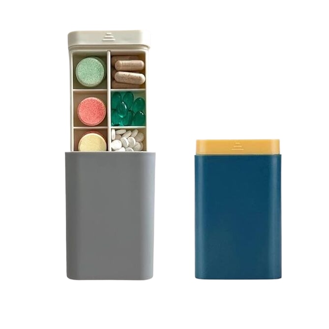 Portable pill box, travel pill box, 7-day pill box, weekly pill box