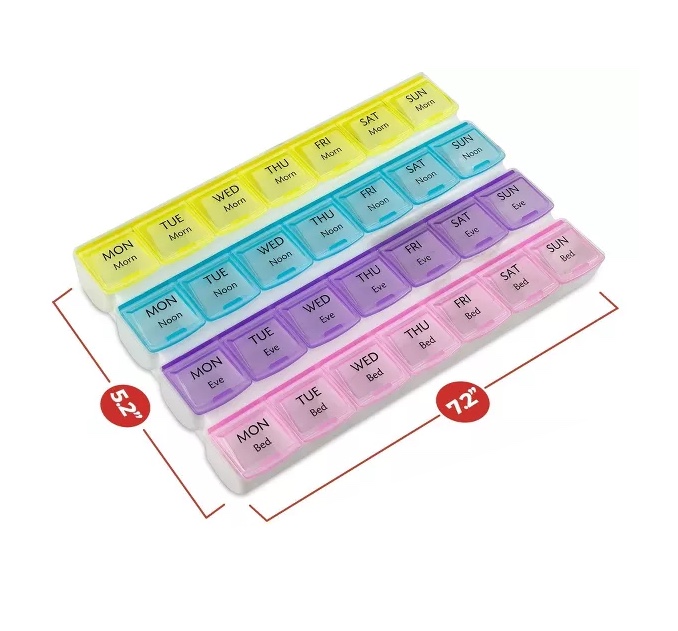 Portable pill box, travel pill box, 7-day pill box, weekly pill box