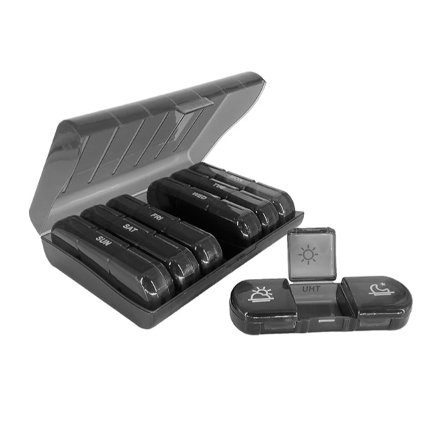 Portable pill box, travel pill box, 7-day pill box, weekly pill box
